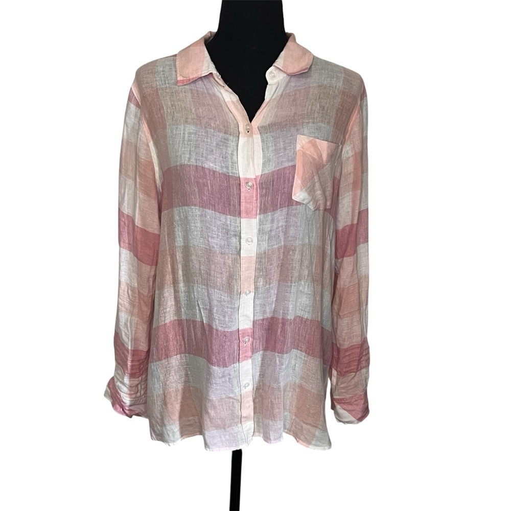 RAILS Charli Plaid Linen button down Top Sz S Pink Peach White Collar Long Sleev